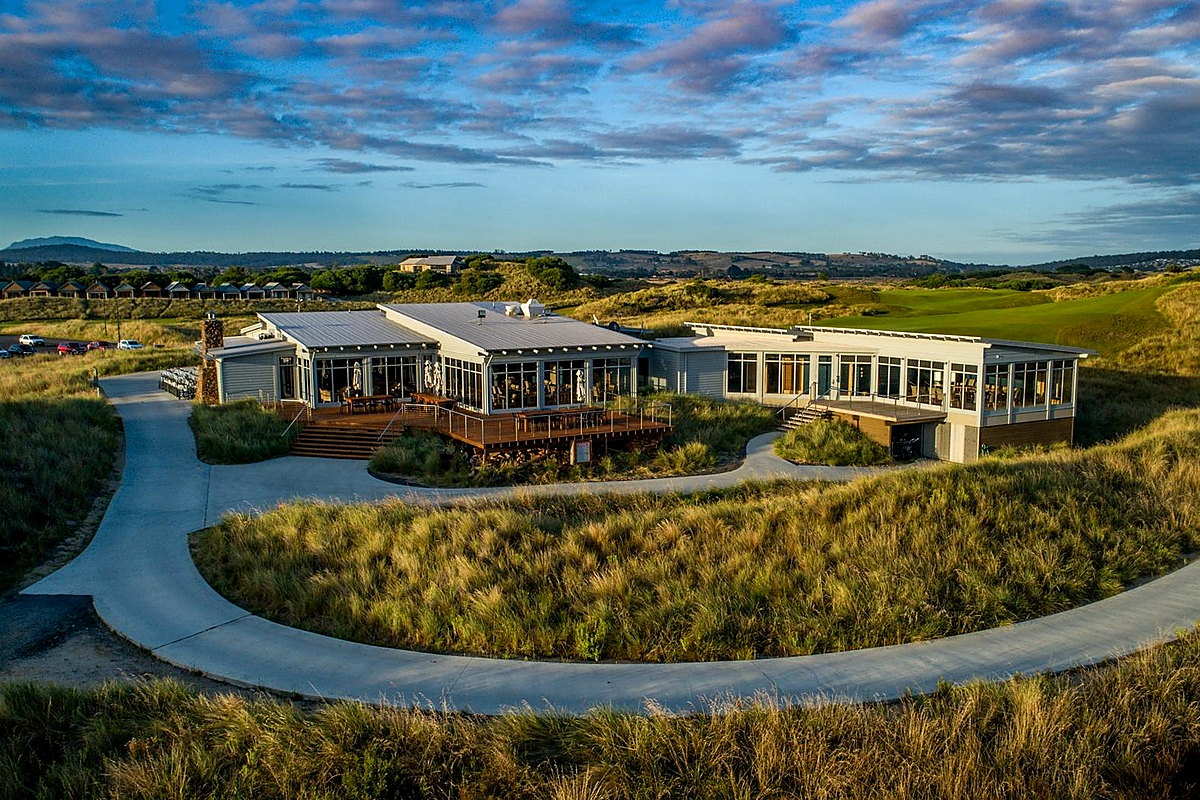 Barnbougle Dunes Golf clubhouse surrounded by coastal dunes and green fairways