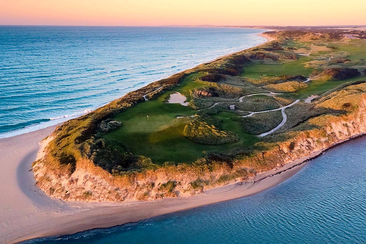 Aerial view of Barnbougle Dunes links golf course at sunset
