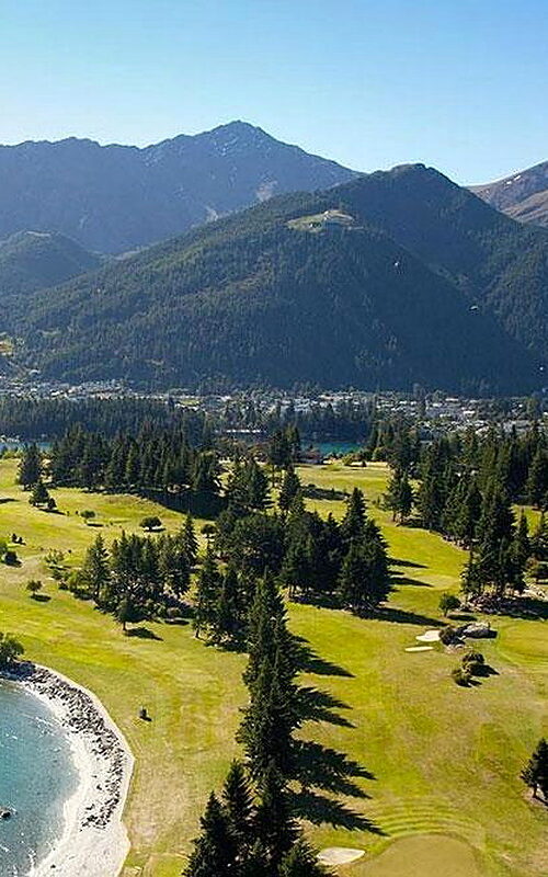 Aerial view of Queenstown golf course beside Lake Wakatipu