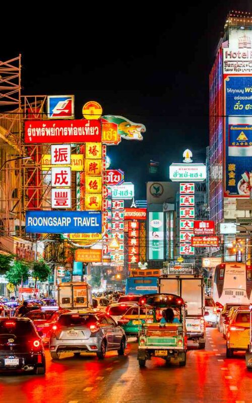 Vibrant neon signs light up Bangkok's Chinatown at night