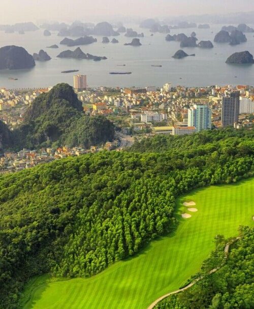 Aerial view of golf course overlooking Ha Long Bay Vietnam
