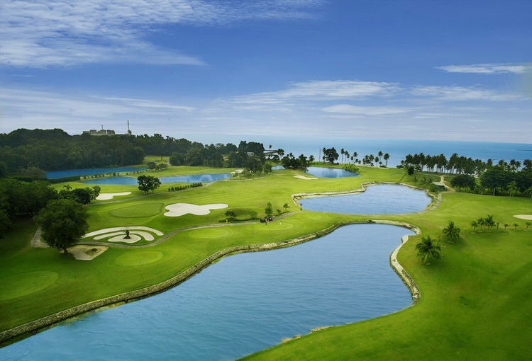 Aerial view of tropical Palm Springs Golf & Country Club with ocean backdrop