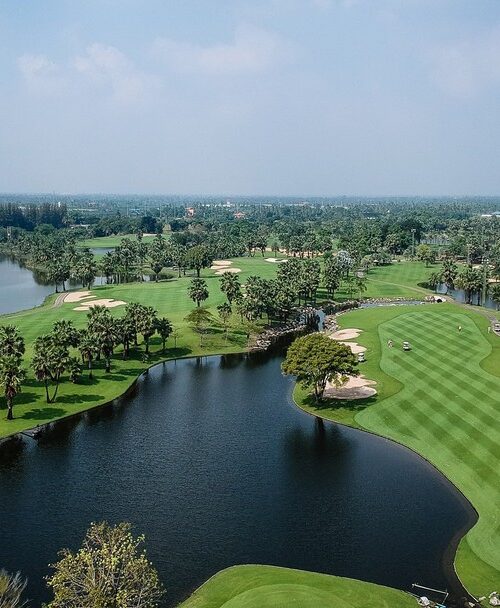 Aerial view of Suwan Golf & Country Club with water hazards